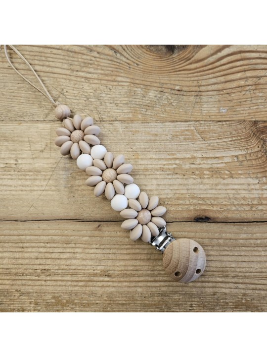 Attache tétine fleurs beige