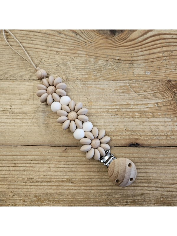 Attache tétine fleurs beige