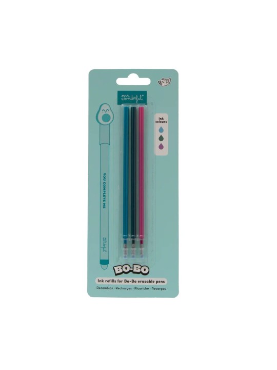 Lot de 3 recharges d'encre pour stylos effaçables Bo-Bo – bleu clair, vert et violet - Mr Wonderful