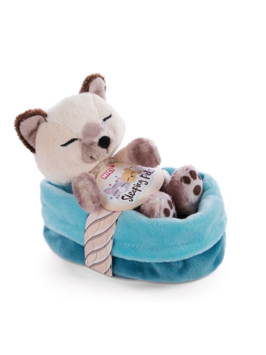 Peluche Chat 12cm dans un panier Bleu NICI